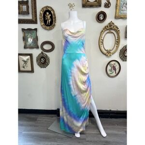 Retrofête Pastel Tie Dye Silk Blend Cowl Neck Maxi Slip Dress Thigh Slit Medium